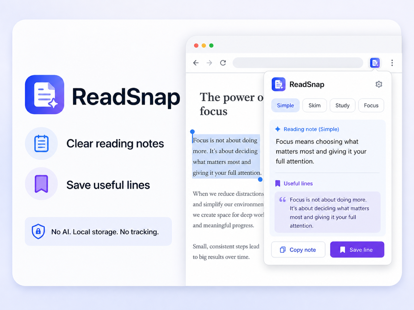 ReadSnap product preview showing a selected text area and a clean reading note popup